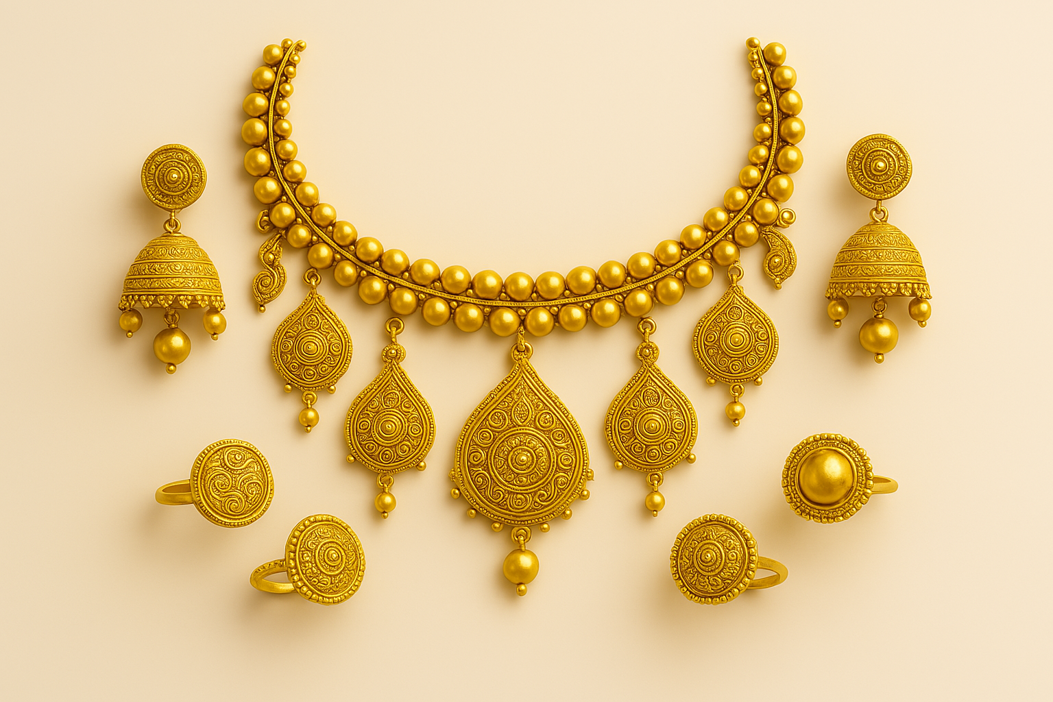 Necklace , earrings ,and rings sies by Divy Gold